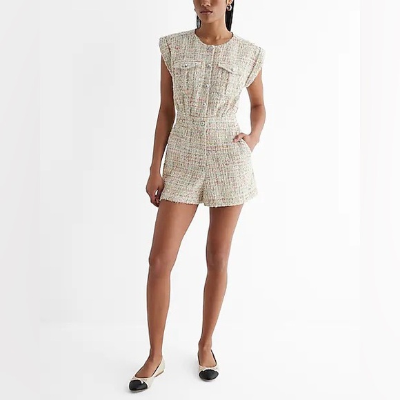 NWT Express Tweed Sequin Button Front Utility Romper - Picture 2 of 9
